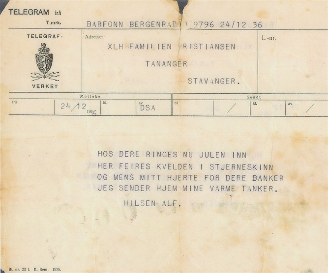1936.12.24 - Telegram fra Alf sendt hjem julen 1936